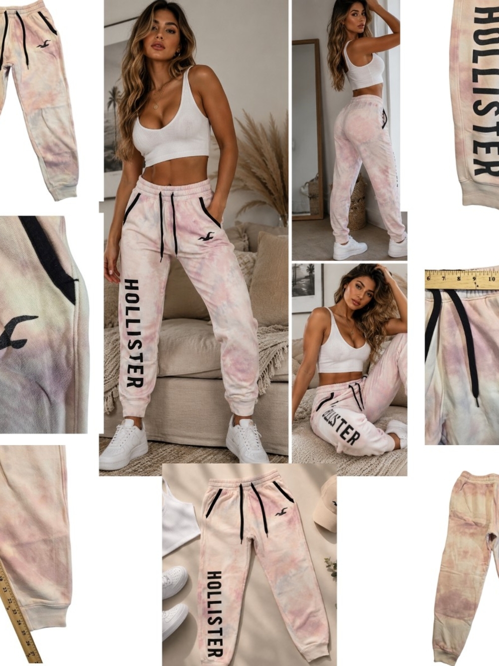 Hollister Womens Tie Dye Jogger Sweatpants Pink Logo Fleece Lounge Pants - Picture 9 of 15